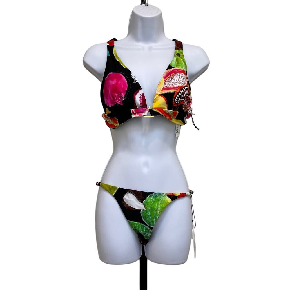 Christian Lacroix x Swiminista Floral Bikini Top Tie Back Sz Small NWT Red Black